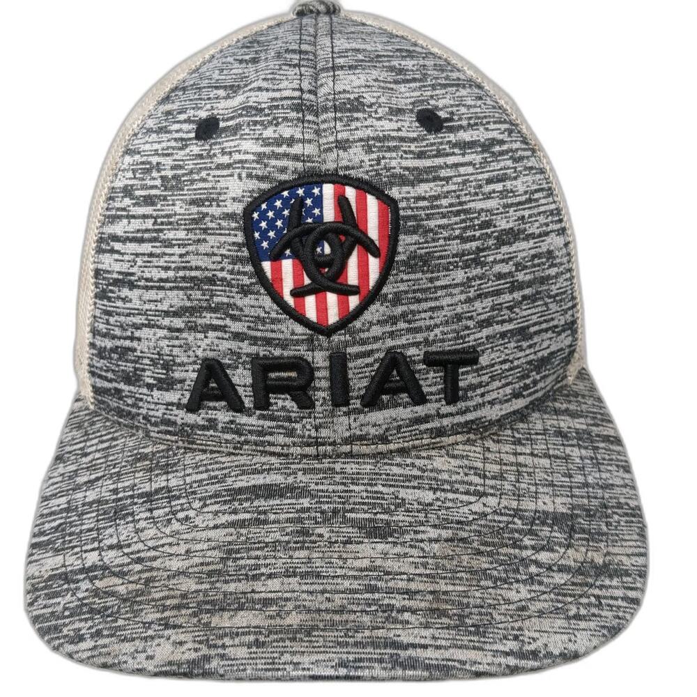 Ariat Trucker Hat Gray One Size Mesh Back USA Flag Logo Snapback Flexfit 110